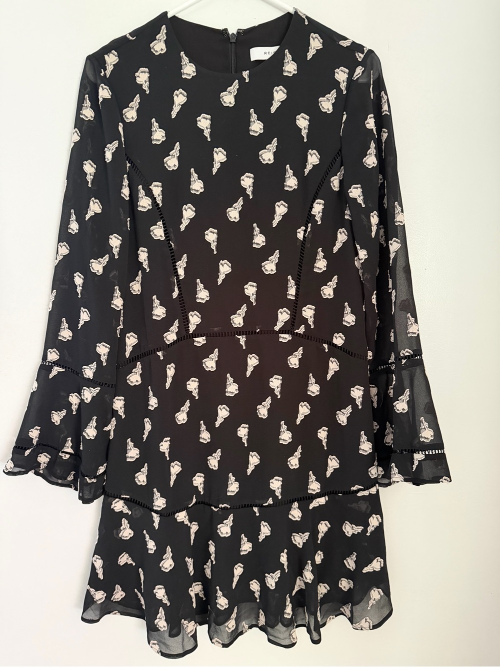 Reiss Black Midi Dress with Cream Floral Motif